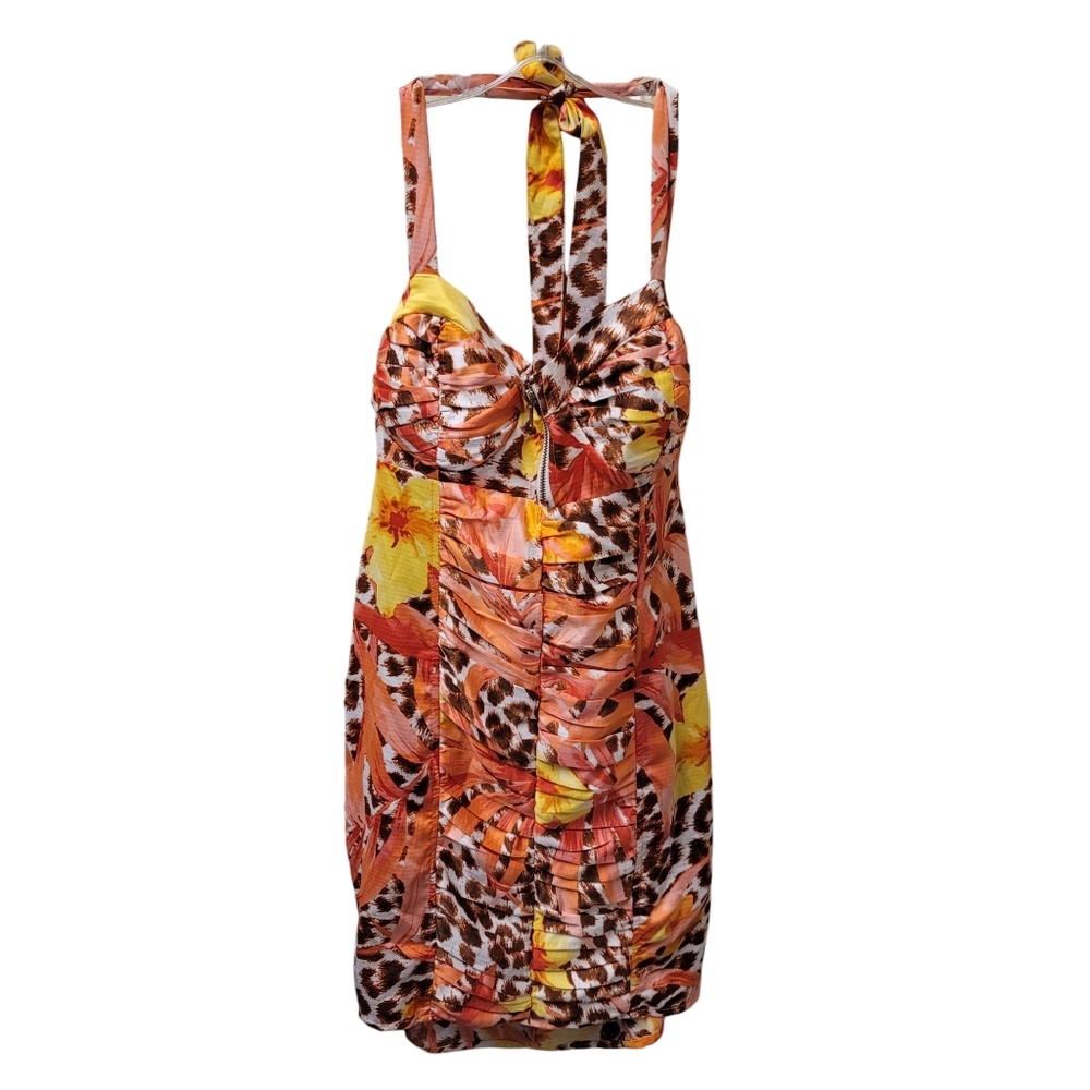 NWT 2b Bebe Jayla Zip Trim Ruched Halter Mini Dress In Floral/Leopard Print